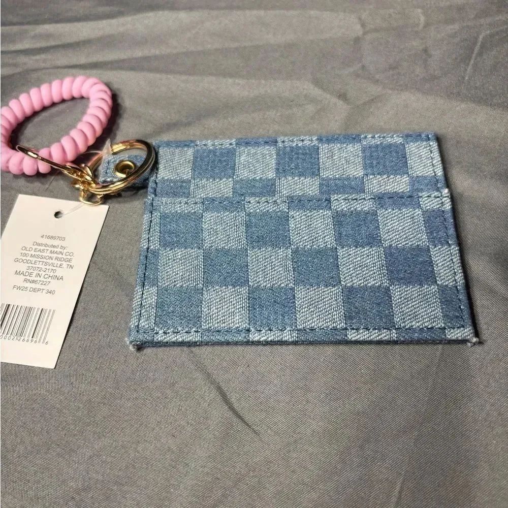 New Blue Checkered Card Holder Wristlet Keychain